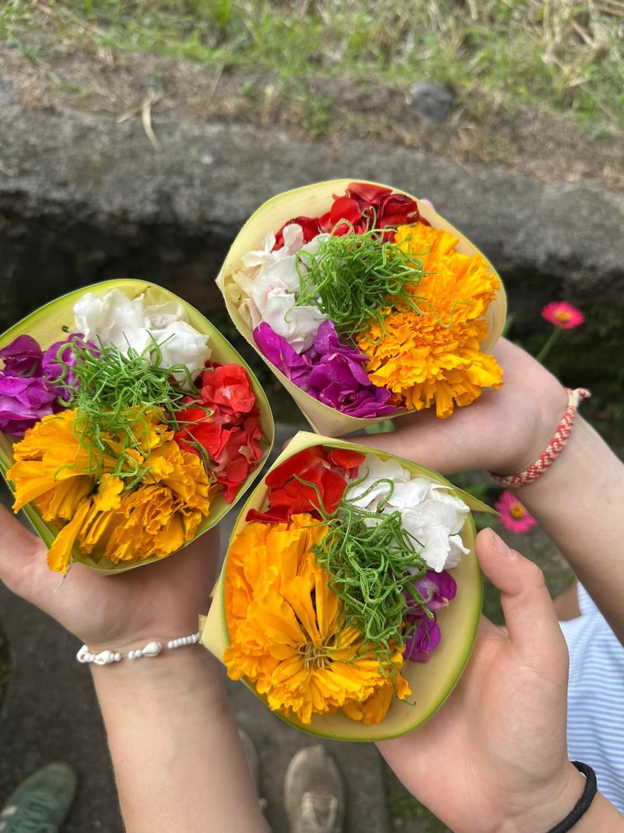 Pink and white canang sari flower offerings laid on a stone path